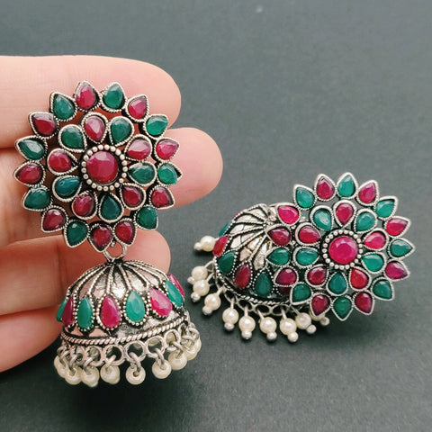 Sunflower - Silver Lookalike Earring - Red and Green