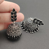 Leaf & Jhumka - Silver Lookalike Earring - Black