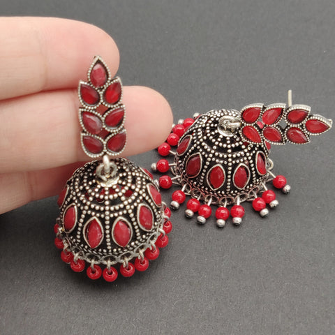 Leaf & Jhumka - Silver Lookalike Earring - Red