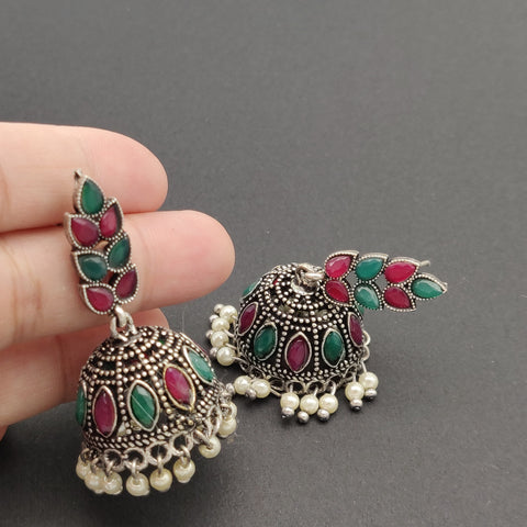 Leaf & Jhumka - Silver Lookalike Earring - Green and Red