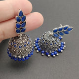 Leaf & Jhumka - Silver Lookalike Earring - Blue