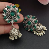 Flower & Jhumka - Silver Lookalike Earring - Green