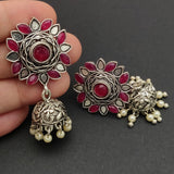 Flower & Jhumka - Silver Lookalike Earring - Maroon