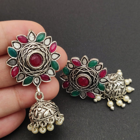 Flower & Jhumka - Silver Lookalike Earring - Red & Green