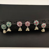 Flower & Jhumka - Silver Lookalike Earring - Green