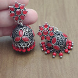 Flower & Jhumka - Silver Lookalike Earring - Red (2)