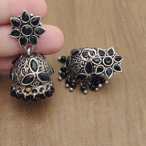 Flower & Jhumka - Silver Lookalike Earring - Black (2)