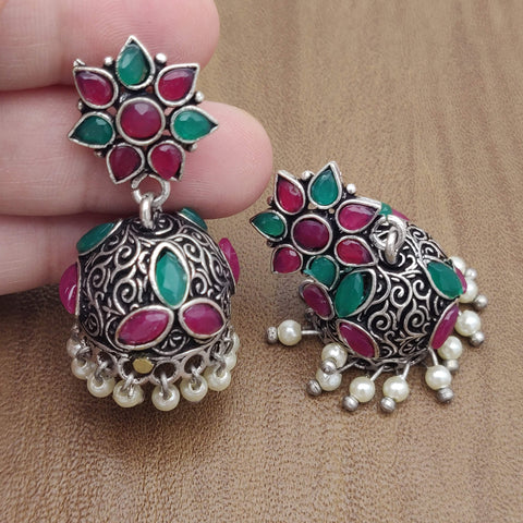 Flower & Jhumka - Silver Lookalike Earring - Red & Green (2)