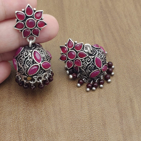 Flower & Jhumka - Silver Lookalike Earring - Maroon (2)