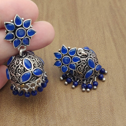 Flower & Jhumka - Silver Lookalike Earring - Blue (2)