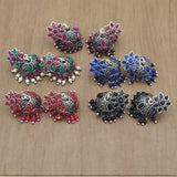 Flower & Jhumka - Silver Lookalike Earring - Red (2)