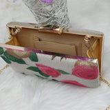 Woven Fabric BOX Clutch - White with Pink Flower