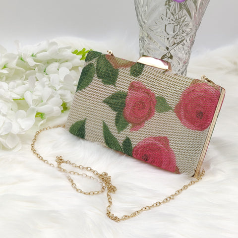 Woven Fabric BOX Clutch - White with Pink Flower