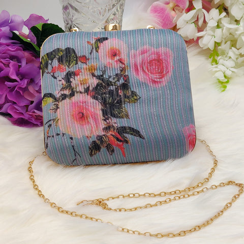 Fabric Box Clutch - Blue with Rose