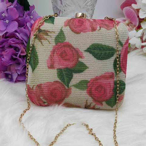 Fabric Box Clutch with Thread and Crystal - Rose Version