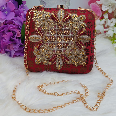 Fabric Box Clutch with Thread and Crystal - Maroon and Gold