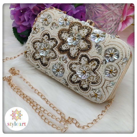 BOX Clutch with Beads Work - White