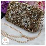 BOX Clutch with Beads Work - Antique Gold