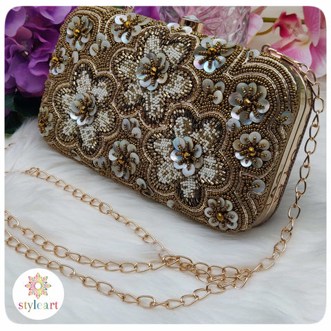 BOX Clutch with Beads Work - Antique Gold