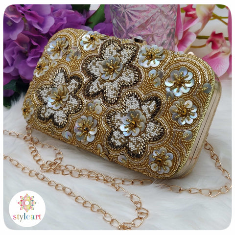 BOX Clutch with Beads Work - Gold