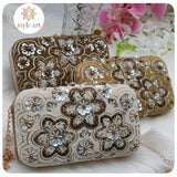 BOX Clutch with Beads Work - Gold