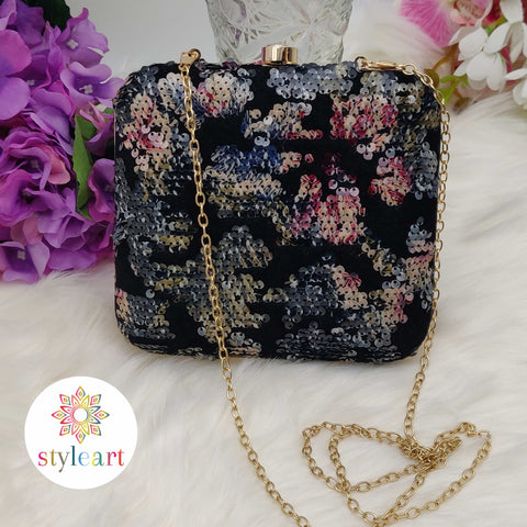 BOX Clutch with Sequin Work - Black