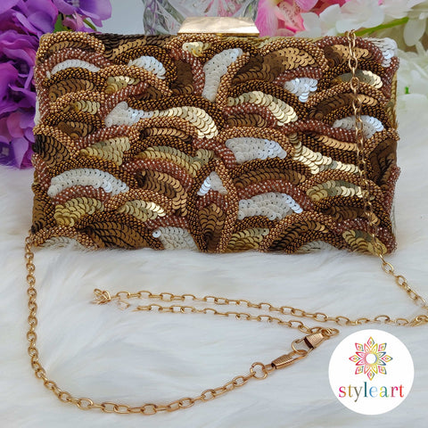 Beads and Sequin Work BOX Clutch - Antique Gold